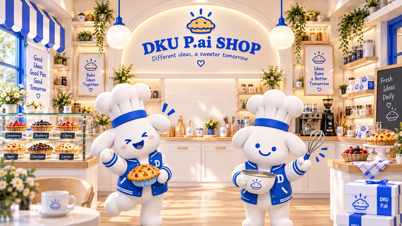 두 명의 파이챌린지 캐릭터가 파이를 만드는 DKU P.ai Shop